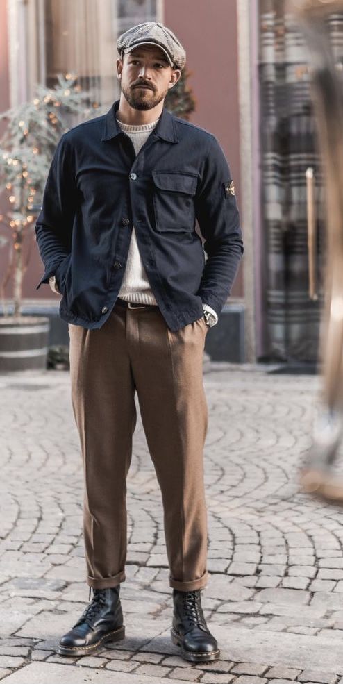 Navy Jacket with Brown Linen Pants and Black Boots 